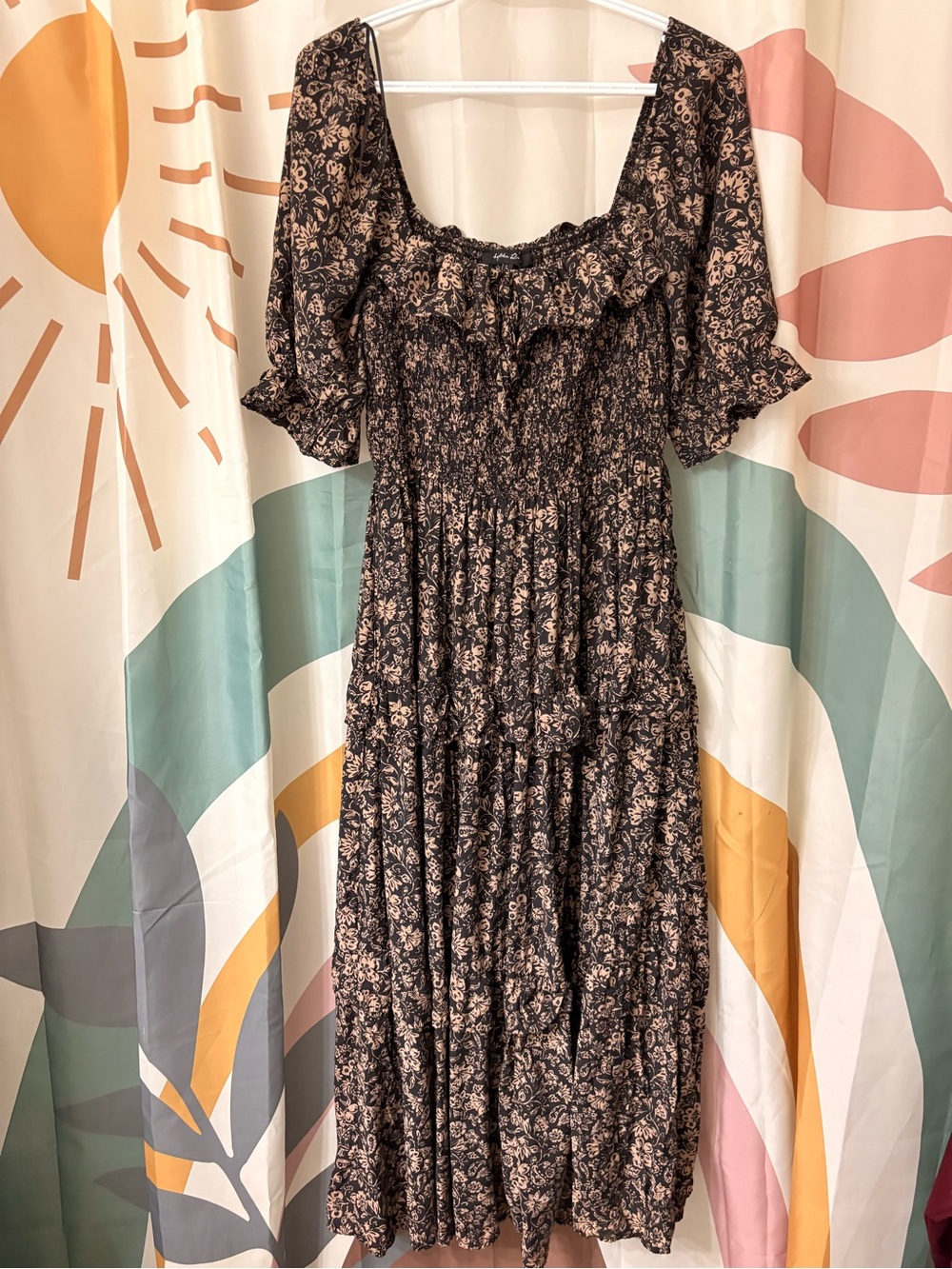 Large Floral Smocked Maxi Dress - Brown with Beige Floral